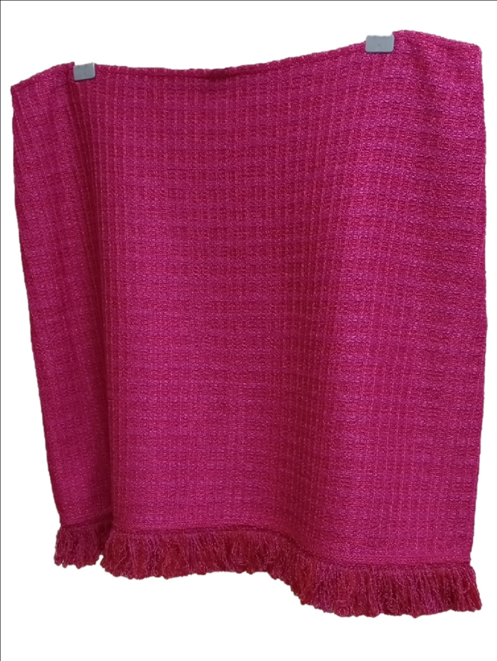 🆕 ST. JOHN "CAMELLIA" TWEED FUCHSIA PINK WOOL BLEND MINI MIDI SKIRT WITH FRINGE - Picture 2 of 12